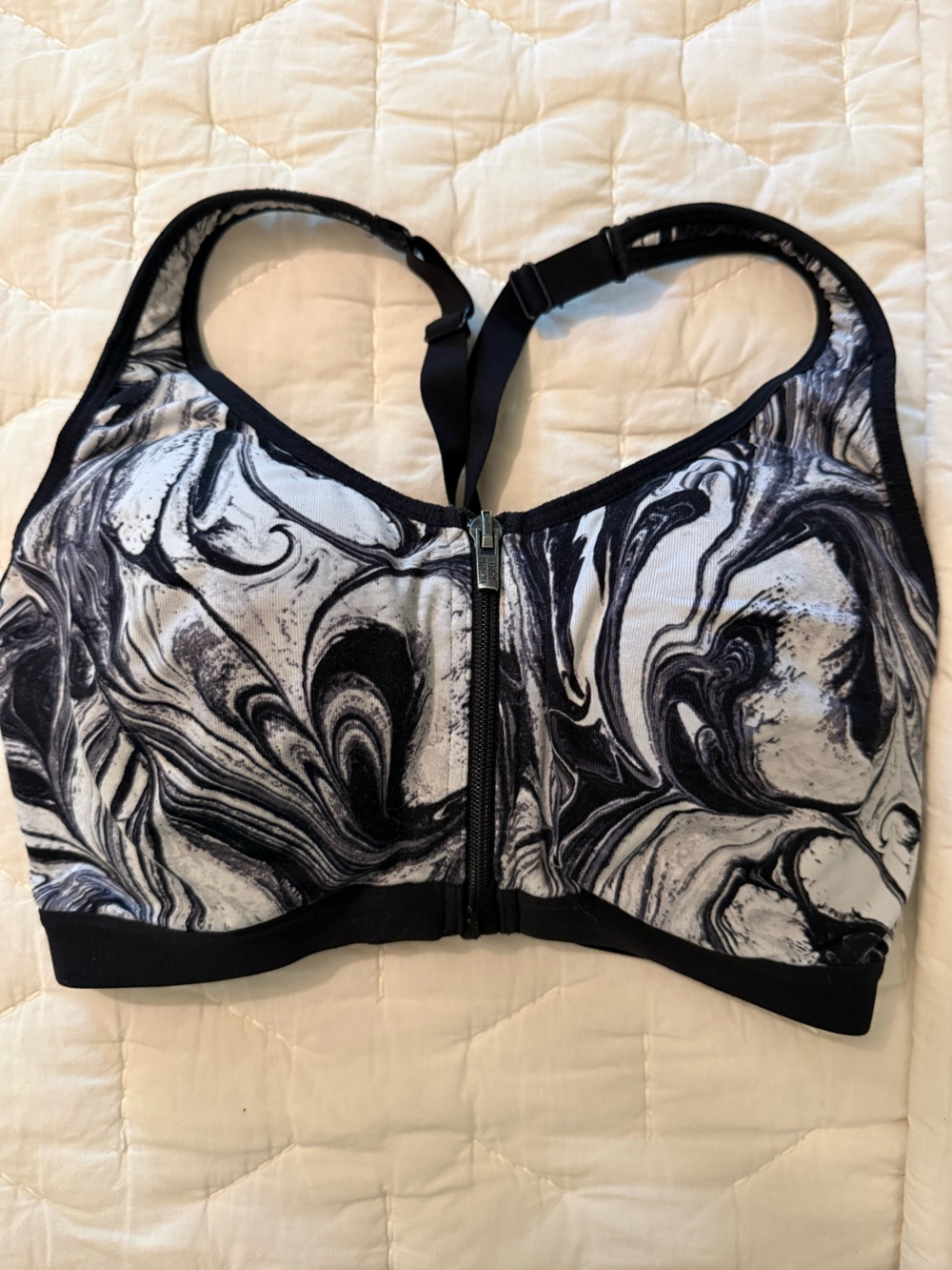 Victoria's Secret Black & White Marble-Print Front-Zip Sports Bra
